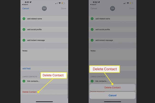 Kontakti kustutamise valik ja kinnitus iPhone'i kontaktide rakenduses