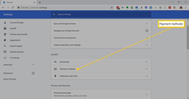 Métodos de pago de autocompletar de Chrome.