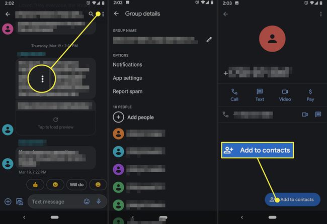 더보기 메뉴 및 연락처에 추가 버튼이 강조 표시된 Android의 메시지 앱