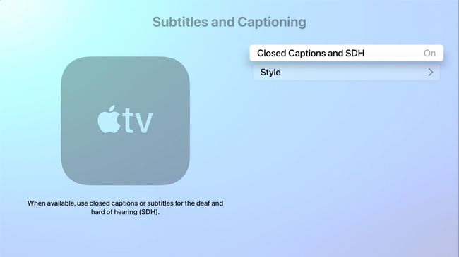 สกรีนช็อตของการตั้งค่า Apple TV สำหรับ Closed Captioning และ SDH