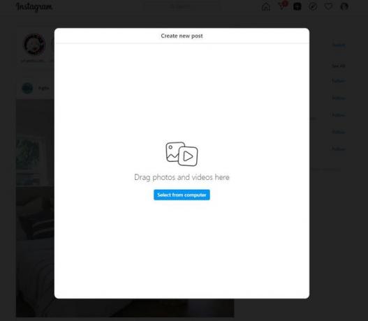 Creați o nouă fereastră de postare pe Instagram în browserul web.