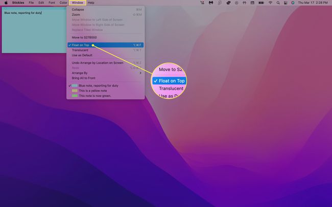 ضبط الملاحظة لتطفو على القمة في Mac Stickies.