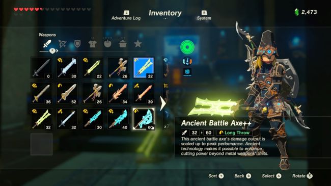 Kapak Pertempuran Kuno++ di layar inventaris di Zelda BOTW