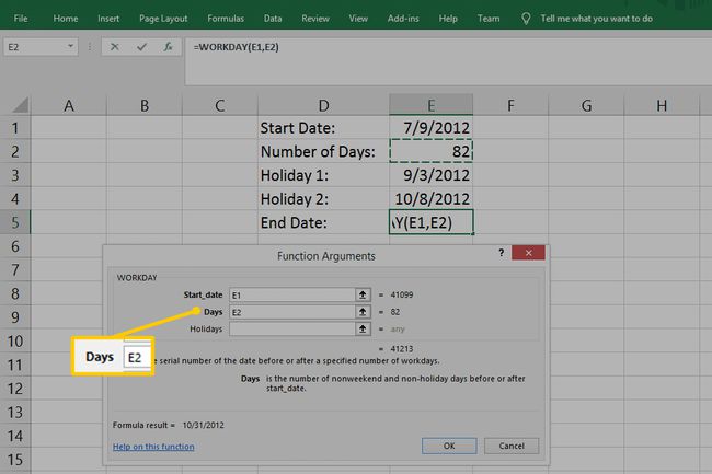 Textfeld Tage mit E2 in Excel eingegeben