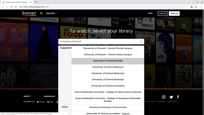 Kanopy.comライブラリ検索ページのスクリーンショット。「UniversityofCentral」の検索が表示され、いくつかの「提案された」ライブラリといくつかの「その他の」ライブラリがリストされています。