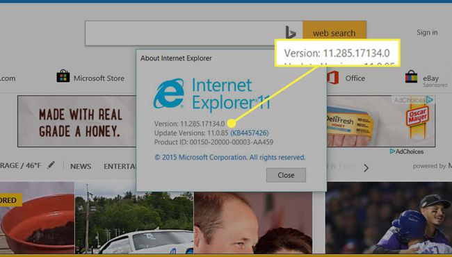 Una captura de pantalla de la pantalla " Acerca de" de Internet Explorer con el número de versión resaltado