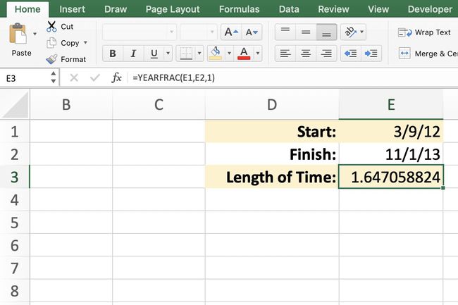 Excel mit YEARFRAC-Beispieldaten