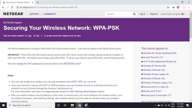 Netgear 지원 웹사이트의 WPA 구성 페이지