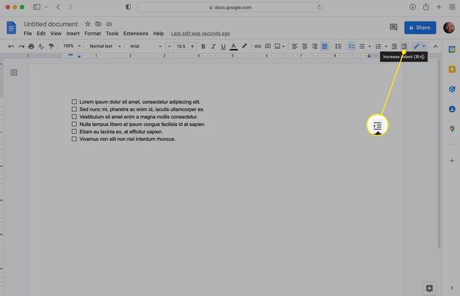 O botão Aumentar recuo na barra de ferramentas do Google Docs