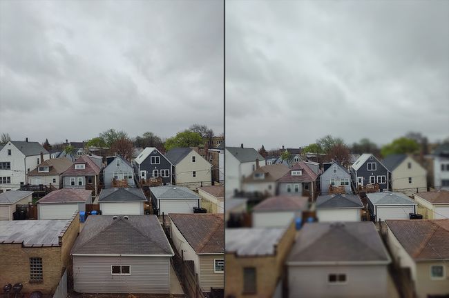 Снимок городского квартала до и после с использованием режима наклона и сдвига OnePlus