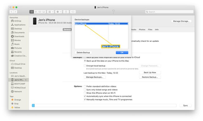 MacOS iPhone-locatie met back-ups gemarkeerd