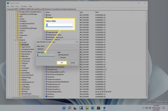 Windows 11 레지스트리 편집기의 taskbarsi 값 데이터