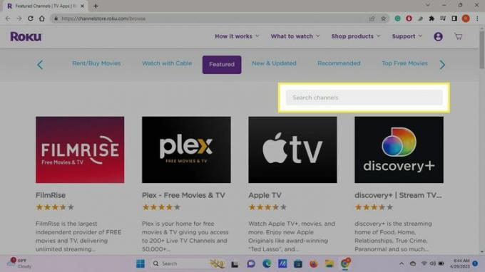 Roku ストア Web サイトで強調表示されている検索チャンネル バー。