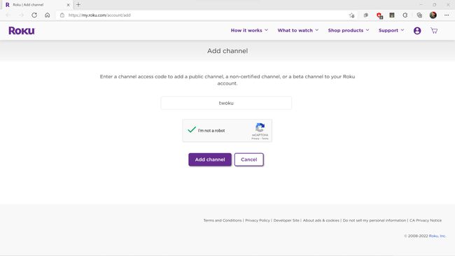 Agregue el canal resaltado en el sitio web de Roku.