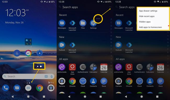 Meniul elipsă, meniul cu puncte orizontale, setările sertarului pentru aplicații pe Android