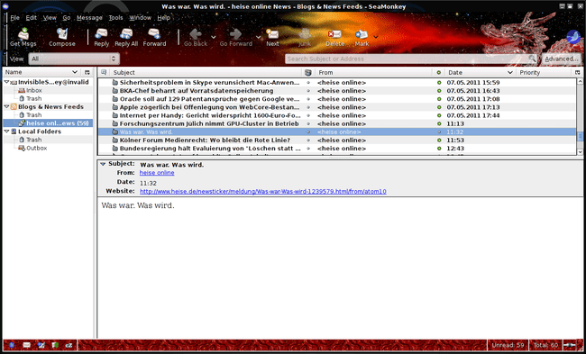عميل البريد الإلكتروني SeaMonkey يعرض رسائل البريد الإلكتروني في صندوق الوارد