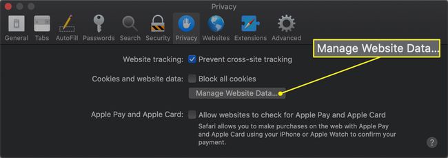 Preferencje Safari z wybraną opcją Zarządzaj danymi witryny
