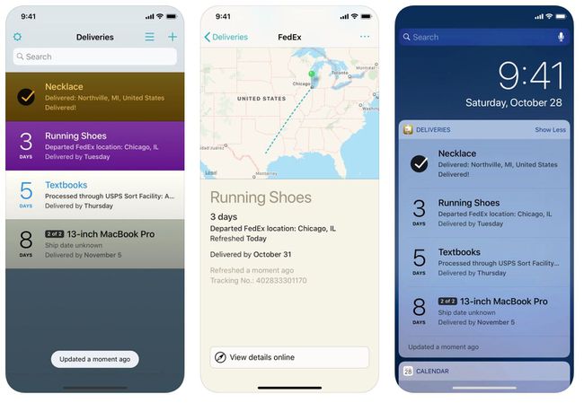 Drei Bildschirme von der App Lieferungen. Einer zeigt eine Liste der anstehenden Lieferungen, einer zeigt eine Karte, wo sich das Paket derzeit befindet, und der dritte zeigt den iOS-Benachrichtigungsbildschirm.