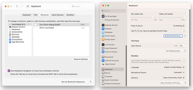 Una comparación entre las opciones de teclado en Preferencias del sistema y Configuración del sistema. 