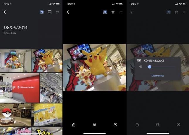 Aplikacija Google Photos s prikazano možnostjo prekinitve povezave s Chromecastom.