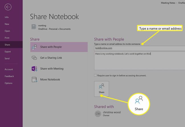 E-mail-adressefelt og Del-knap på OneNote Share Notebook-skærmen