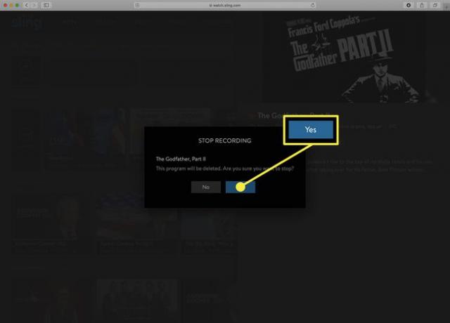 צילום מסך של הודעת האישור של Sling TV בעת עצירת הקלטת DVR.