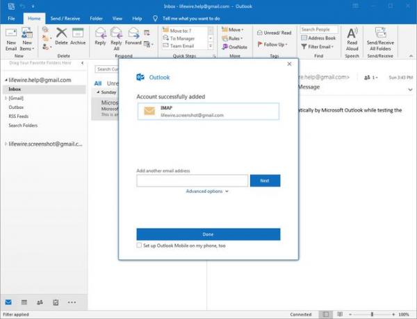 Outlook 2016 hesabı başarıyla eklendi ekranı