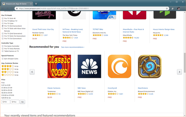 Скриншот магазина приложений Amazon с опцией модели Fire TV.