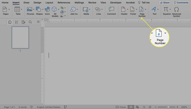 Het pictogram Paginanummer gemarkeerd in Microsoft Word