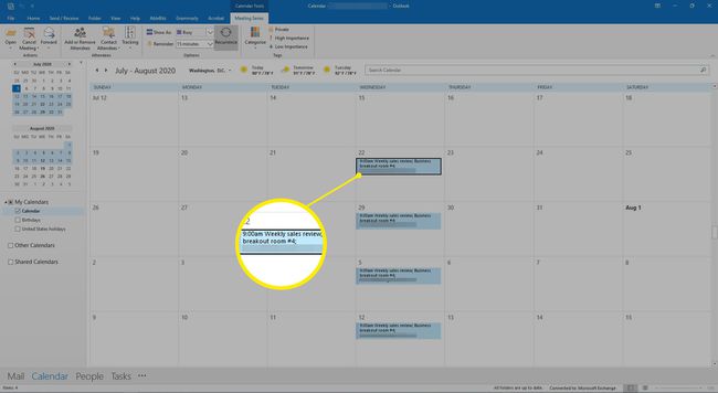Susitikimo pasirinkimas Outlook kalendoriuje.