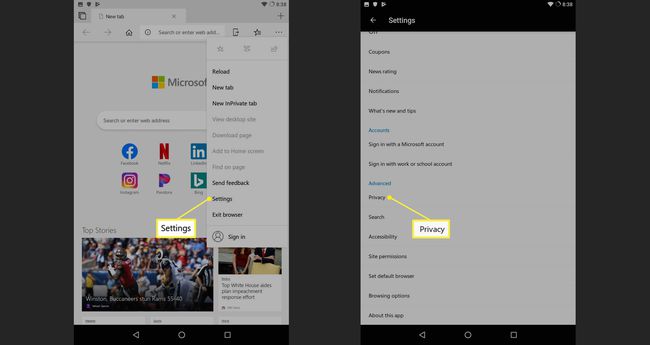 Setări Android Microsoft Edge cu Confidențialitate selectată