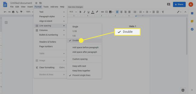 A opção de espaçamento duplo no Google Docs.