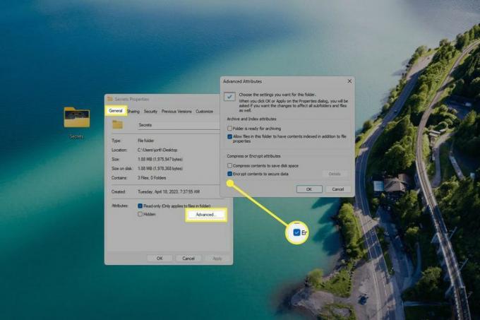 Karta Obecné, tlačítko Upřesnit a „šifrovat obsah pro zabezpečení dat“ zvýrazněné na ploše Windows 11.