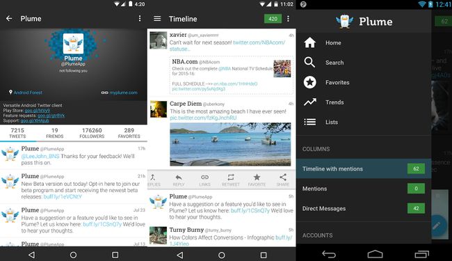 Plume uygulamasını kullanan bir Twitter profili ve zaman çizelgesi