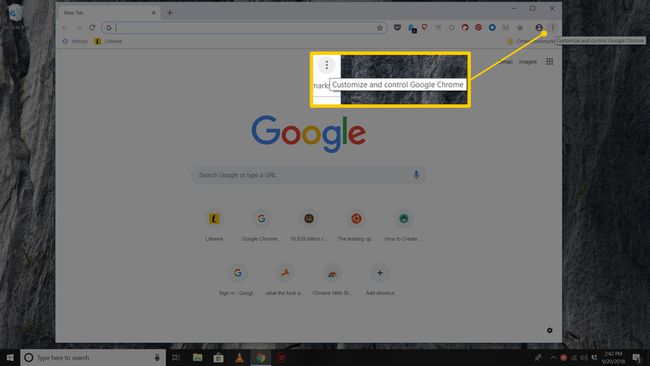 Captura de pantalla del navegador web Chrome más menú de tres puntos en Windows 10