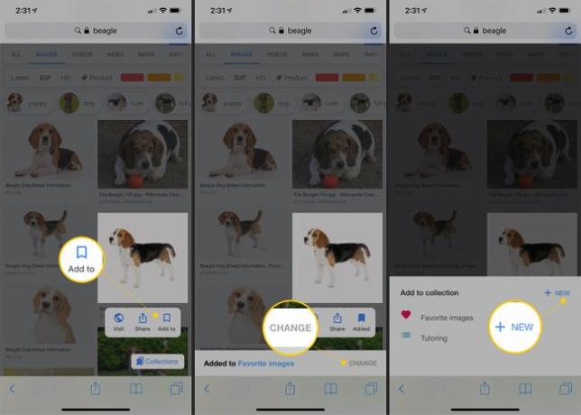 Botones Agregar, Cambiar y + Nuevo en Google Imágenes en iOS