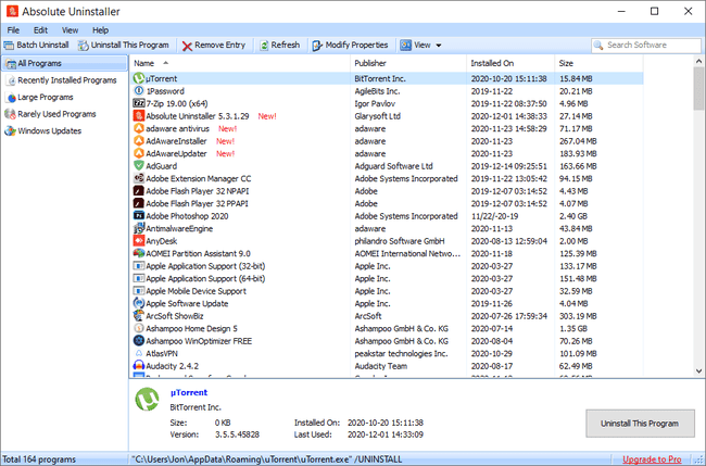 Snímek obrazovky Absolute Uninstaller ve Windows 10