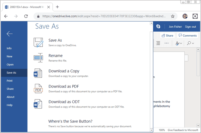 Skærmbillede, der viser, hvordan du konverterer DOCX til PDF eller ODT fra Microsoft Word Online-værktøjet