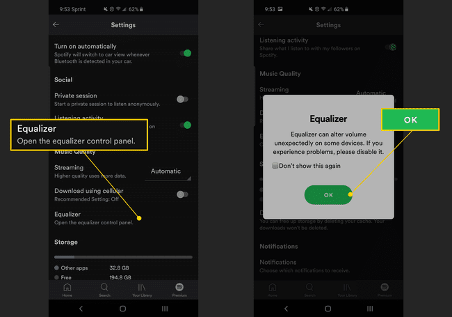 Ekvalaiser, nupp OK Androidi Spotify seadetes