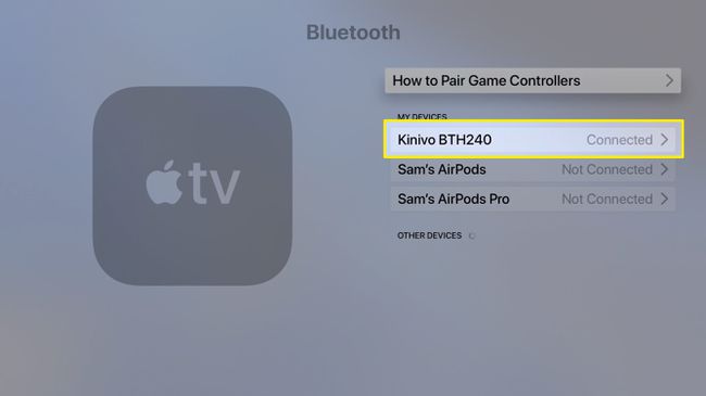 Kuvakaappaus Apple TV Bluetooth -laitteiden näytöstä
