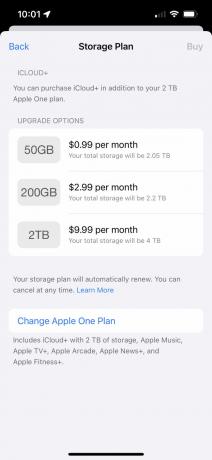 Captura de pantalla de las opciones del plan de actualización de iCloud