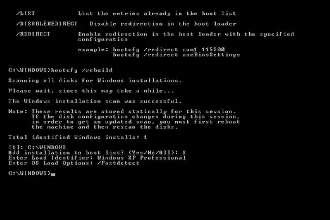 Windows XP'de Kurtarma Konsolu'ndaki BOOTCFG yeniden oluşturma komutu