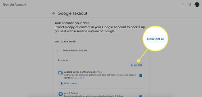 O botão " Desmarcar tudo" no Google Takeout