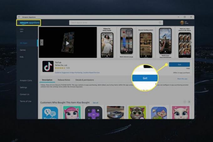 Podświetlony przycisk Pobierz dla listy Tiktok w Amazon Appstore dla Windows 11.