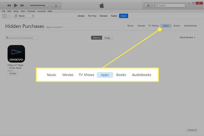 Una captura de pantalla de la pantalla de compras ocultas de iTunes con las categorías de medios resaltadas