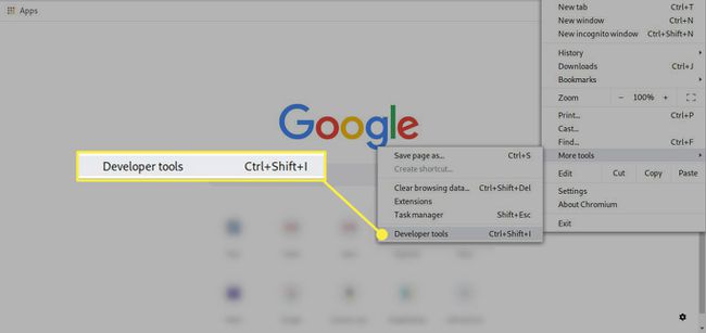 Una captura de pantalla de Chrome con la opción de menú Herramientas para desarrolladores resaltada