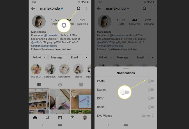 En Instagram-bruger slår notifikationer til for en individuel konto