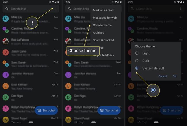 Un utilizator de Android schimbă tema aplicației Google Messages