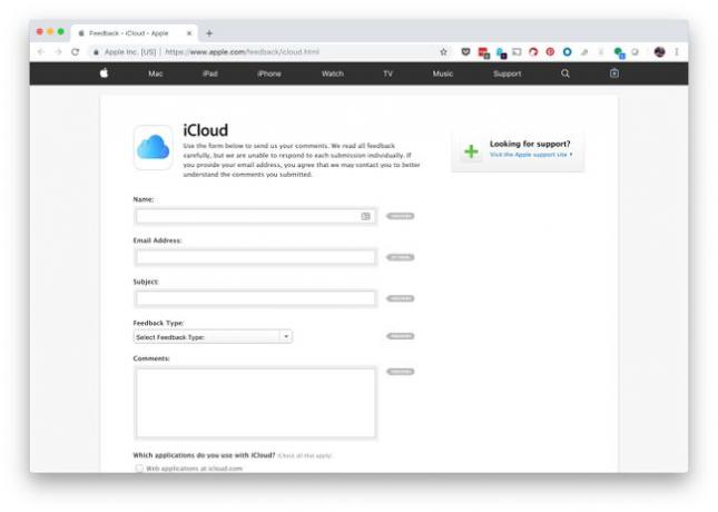 Sitio web del formulario de comentarios de iCloud