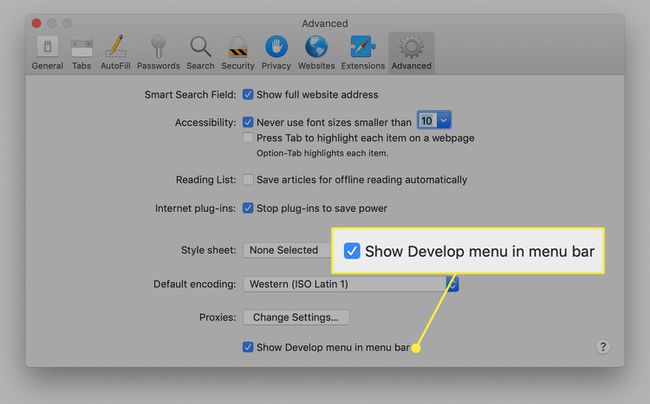 Configurações avançadas do Safari com a opção " Mostrar menu de desenvolvimento" destacada